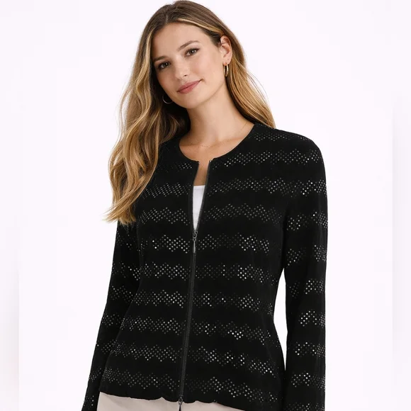 ✨ Joseph Ribkoff Black Sequin Zip-Up Jacket – Elegant Statement Piece - Picture 1 of 8